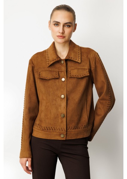 Kadın Çıtçıtlı Süet Mont 8015 Taba