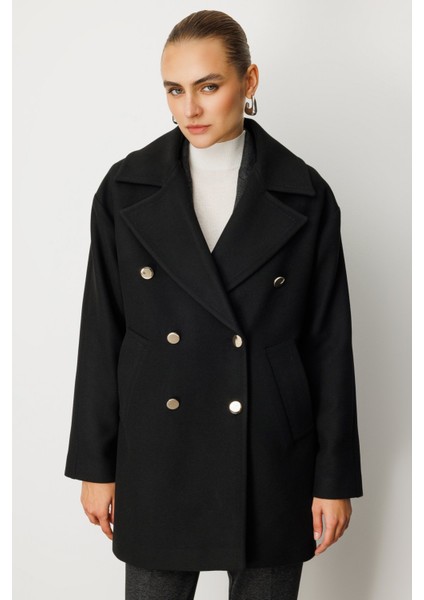 Kadın Kruvaze Yaka Yan Cepli Kaban 6093 Siyah