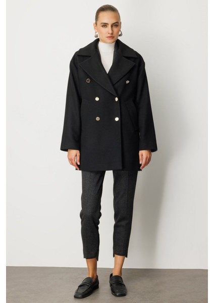 Kadın Kruvaze Yaka Yan Cepli Kaban 6093 Siyah modelleri