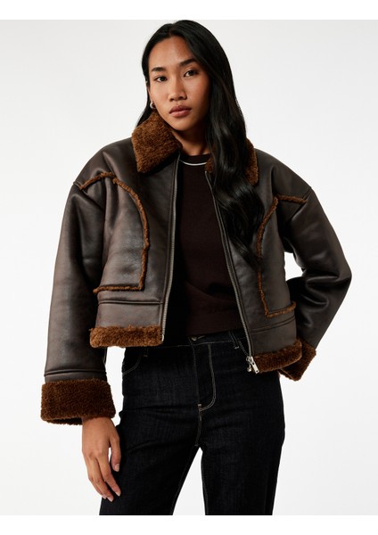 Uzun Kollu Cepli Fermuarlı Peluş Yaka Suni Süet Crop Biker Ceket fiyatları