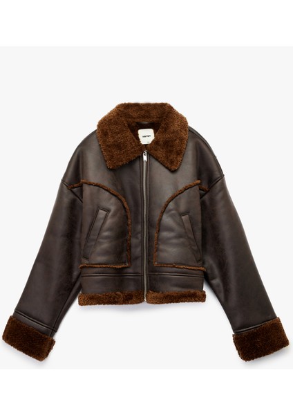 Uzun Kollu Cepli Fermuarlı Peluş Yaka Suni Süet Crop Biker Ceket modelleri