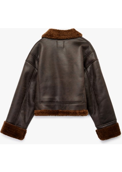 Uzun Kollu Cepli Fermuarlı Peluş Yaka Suni Süet Crop Biker Ceket fırsatları