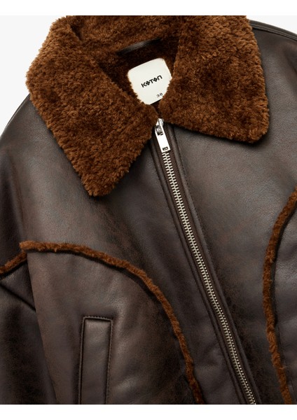 Uzun Kollu Cepli Fermuarlı Peluş Yaka Suni Süet Crop Biker Ceket indirimleri