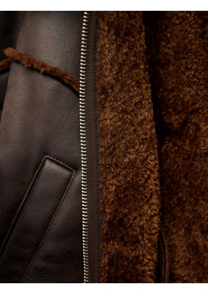 Uzun Kollu Cepli Fermuarlı Peluş Yaka Suni Süet Crop Biker Ceket