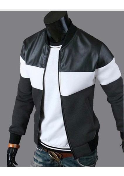 Deri Detaylı Erkek Kolej Mont Ceket