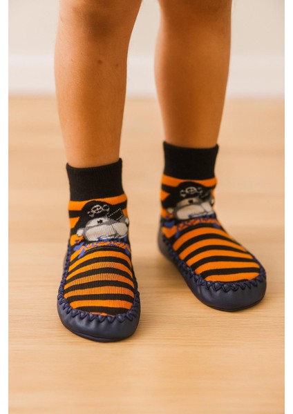 Çocuk Korsan Desenli Makosen Soket Çorap Patik Panduf – Kaydırmaz Ev & Anaokulu Ayakkabısı Lacivert