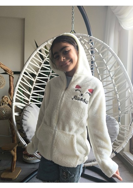 kız Çocuk Peluş Polar Hırka Kapşonlu Fermuarlı Cepli Pembe Beyaz Siyah Mor Gül Kurusu