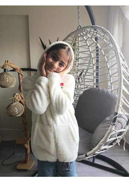 kız Çocuk Peluş Polar Hırka Kapşonlu Fermuarlı Cepli Pembe Beyaz Siyah Mor Gül Kurusu fırsatları