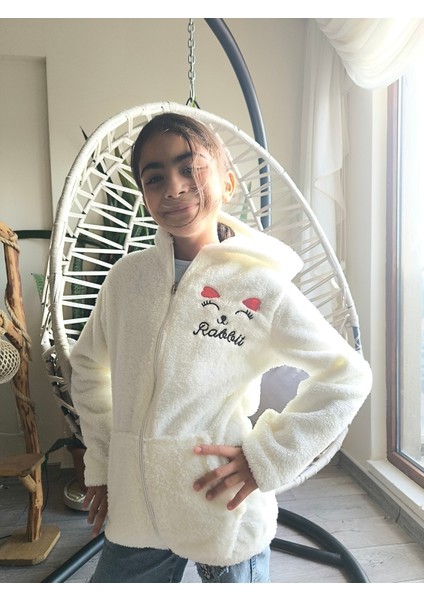 kız Çocuk Peluş Polar Hırka Kapşonlu Fermuarlı Cepli Pembe Beyaz Siyah Mor Gül Kurusu indirimleri