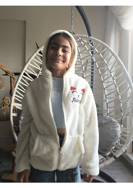 kız Çocuk Peluş Polar Hırka Kapşonlu Fermuarlı Cepli Pembe Beyaz Siyah Mor Gül Kurusu