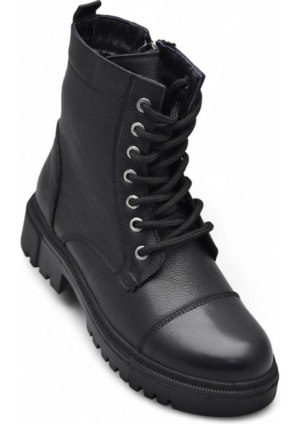19832 Tam Ortopedik Siyah Hakiki Deri Kadın Bot Bağcıklı Fermuarlı Kışlık Deri Kadın Bot
