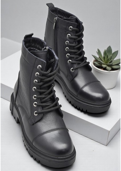 19832 Tam Ortopedik Siyah Hakiki Deri Kadın Bot Bağcıklı Fermuarlı Kışlık Deri Kadın Bot indirimleri