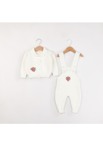 3036 Kız Bebek Natural Yün Çiçekli 2'li Triko Salopet Takım