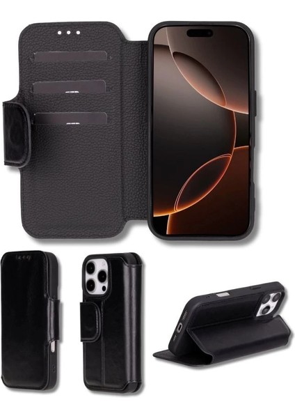 Apple iPhone 16 Pro Max Uyumlu, Hakiki Deri, El Yapımı, Cüzdanlı Kılıf, Parlak Siyah indirimleri