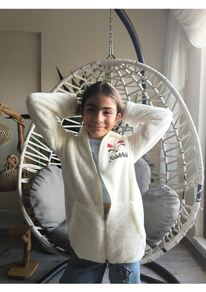 kız Çocuk Peluş Polar Hırka Kapşonlu Fermuarlı Cepli Pembe Beyaz Siyah Mor Gül Kurusu