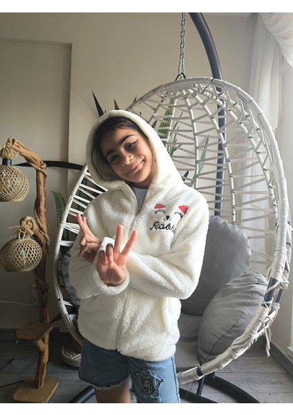 kız Çocuk Peluş Polar Hırka Kapşonlu Fermuarlı Cepli Pembe Beyaz Siyah Mor Gül Kurusu