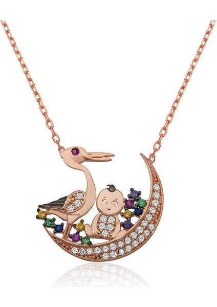 Gümüş Leylek Ve Bebek Bayan Kolye