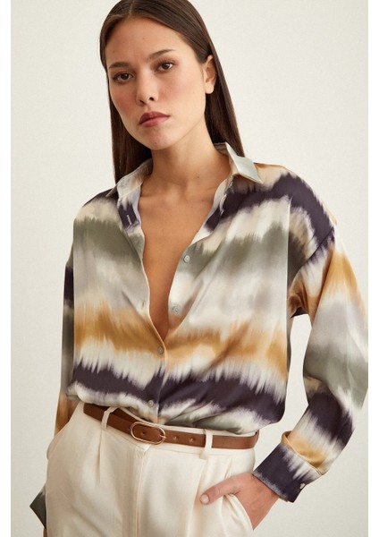 Kadın Uzun Kol Sulu Boya Desenli Renkli Pamuk Saten Premium Kalite Spor Şık Gömlek