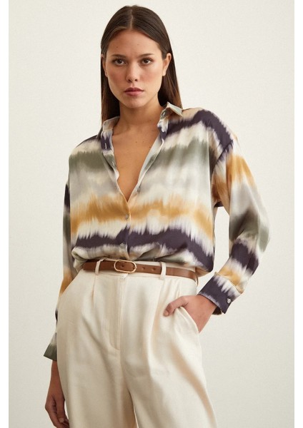 Kadın Uzun Kol Sulu Boya Desenli Renkli Pamuk Saten Premium Kalite Spor Şık Gömlek fiyatları