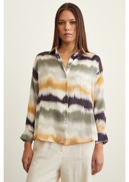 Kadın Uzun Kol Sulu Boya Desenli Renkli Pamuk Saten Premium Kalite Spor Şık Gömlek modelleri
