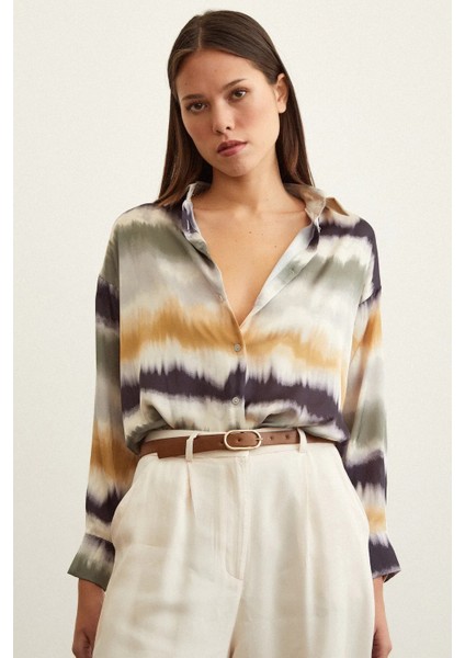 Kadın Uzun Kol Sulu Boya Desenli Renkli Pamuk Saten Premium Kalite Spor Şık Gömlek fırsatları