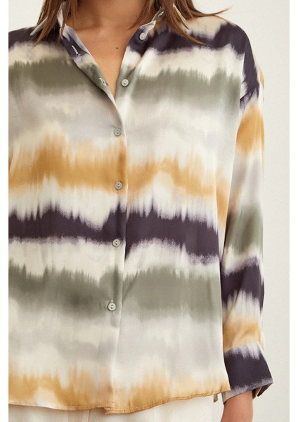 Kadın Uzun Kol Sulu Boya Desenli Renkli Pamuk Saten Premium Kalite Spor Şık Gömlek indirimleri