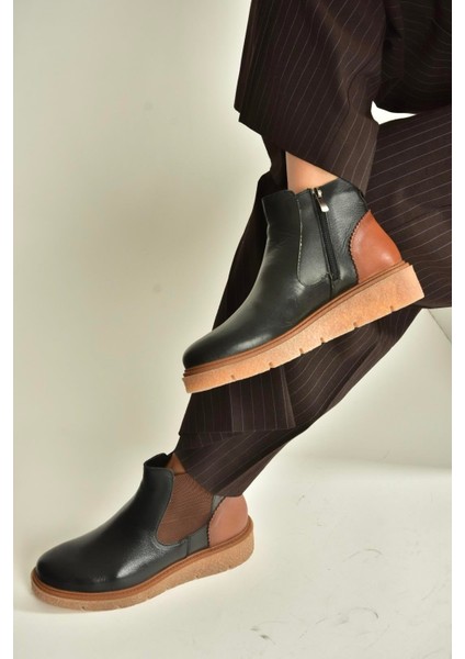 V555115103 Siyah Hakiki Deri Kalın Tabanlı Kadın Bot