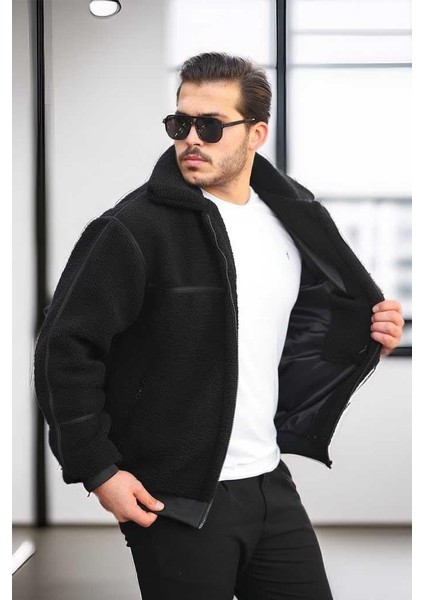 Içi Astarlı Şerit Detaylı Peluş Erkek Mont - Siyah fiyatları