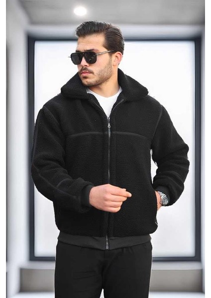 Içi Astarlı Şerit Detaylı Peluş Erkek Mont - Siyah modelleri