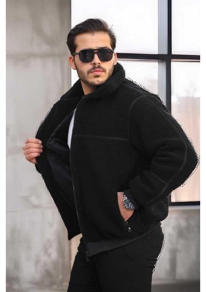 Içi Astarlı Şerit Detaylı Peluş Erkek Mont - Siyah fırsatları