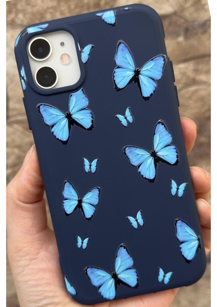 Iphone 11 Uyumlu Mavi Kelebek Desenli Silikon Darbe Emici Klasik Korumalı Rubber Kılıf 277