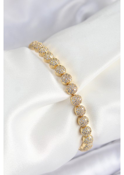 Pirinç Zirkon Taşlı Yarım Topcuk Model Gold Renk Vıp Seri Kadın Bileklik - TJ-BB7508