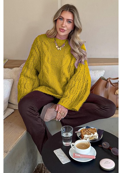 Yeşil Bisiklet Yaka Örgü Desen Kadın Triko Kazak MG2601