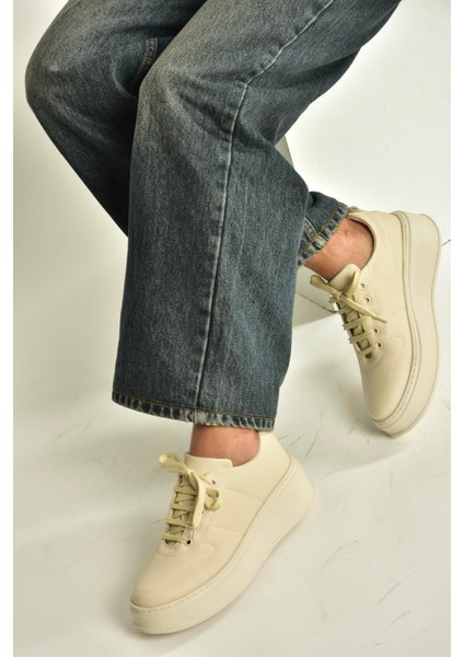T274148309 Bej Kalın Tabanlı Bağcıklı Spor Ayakkabı Sneakers modelleri