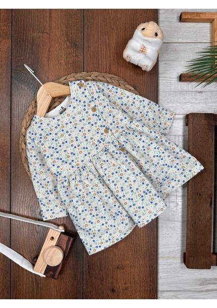 Pamuklu Çiçek Desenli Düğmeli Uzun Kollu Elbise Kız Bebek