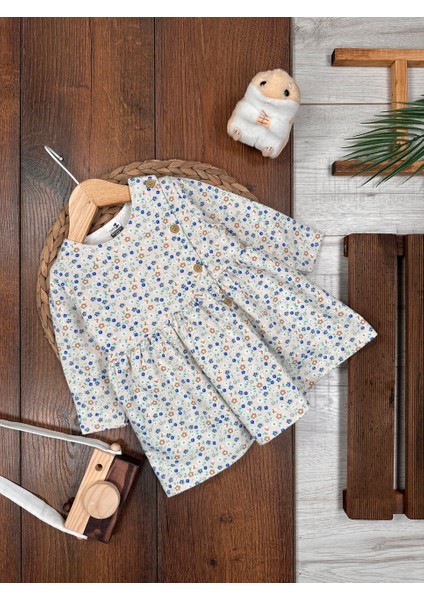 Pamuklu Çiçek Desenli Düğmeli Uzun Kollu Elbise Kız Bebek indirimleri
