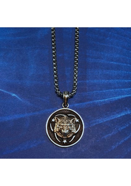 Kurt Figürlü Ay Yıldız El Işçiliği 925 Ayar Gümüş Erkek Kolye