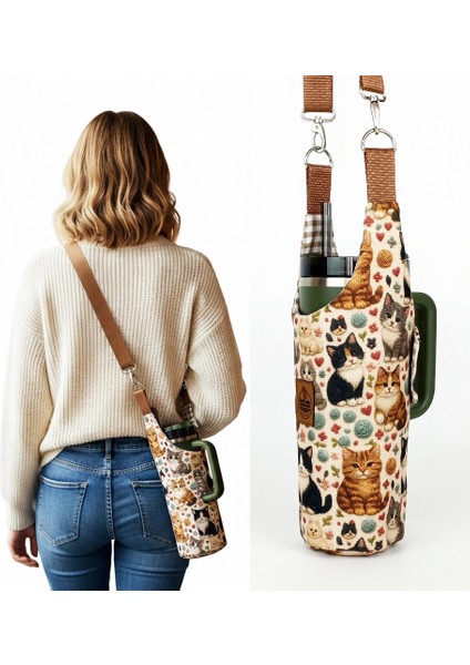 El Yapımı 3D Kedi Desenli Matara Termos Kılıfı Kulplu Model Quencher Pipetli 1,18