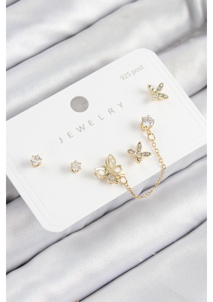 Pirinç Zirkon Taşlı Kelebek Model Gold Renk 925 Ayar Gümüş Çivi Kadın Küpe Set
