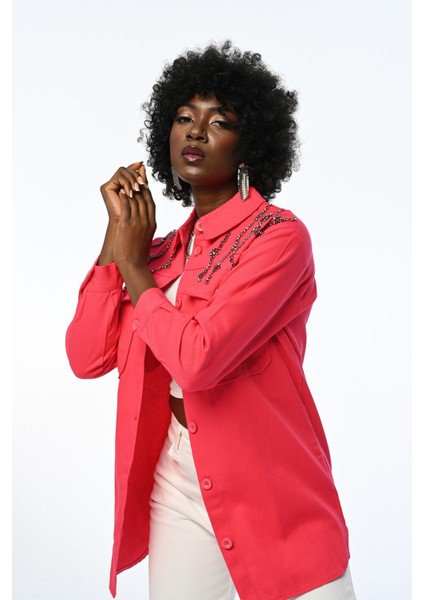 Kadın Robası Taş Işlemeli Düz Renk Gömlek-Ceket modelleri