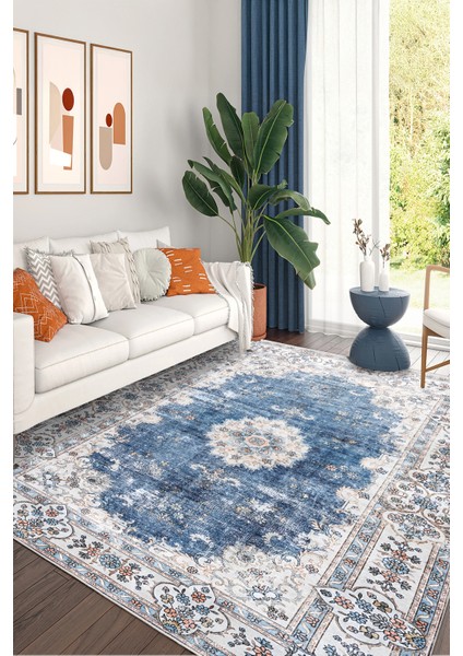 Yeni Desen Yıkanabilir Kaymaz Tabanlı Bohem Tarz Dijital Baskı Salon Halısı, Yumuşak Dokulu Lüks Halı Modeli ve 40 x 60 Mavi Renk Dikdörtgen Halı