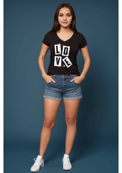 Love Baskılı Basic V Yaka Siyah Tişört