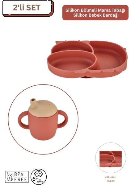 2'li Silikon Bebek Beslenme Seti / Bölmeli Mama Tabağı / Bebek Bardağı - Kiremit Rengi