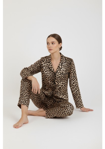 Luxury Viscose Leopar Desenli Kadın Uzun Kollu Pijama Takımı – 42577