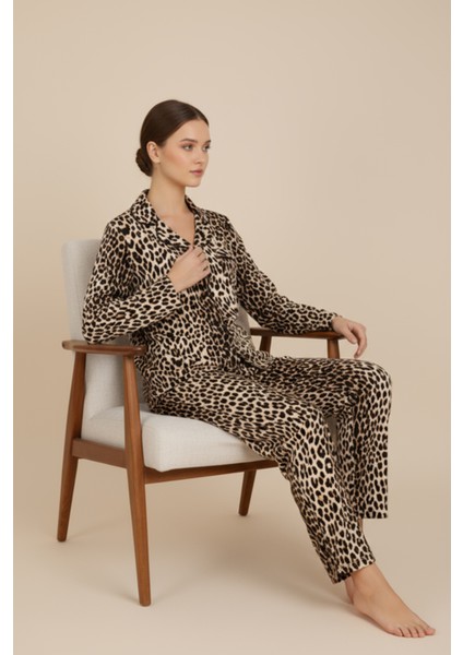 Luxury Viscose Leopar Desenli Kadın Uzun Kollu Pijama Takımı – 42577 modelleri