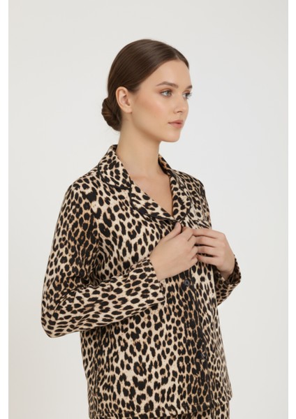Luxury Viscose Leopar Desenli Kadın Uzun Kollu Pijama Takımı – 42577 fırsatları