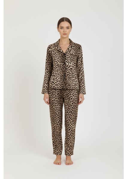 Luxury Viscose Leopar Desenli Kadın Uzun Kollu Pijama Takımı – 42577 indirimleri