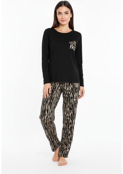 Üstü Yazılı Altı Kahverengi Zebra Desenli Elite Viscose Uzun Pijama Takımı Siyah 3553