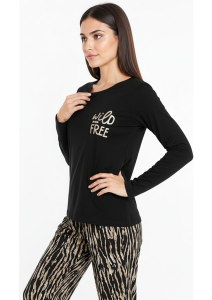 Üstü Yazılı Altı Kahverengi Zebra Desenli Elite Viscose Uzun Pijama Takımı Siyah 3553 fiyatları