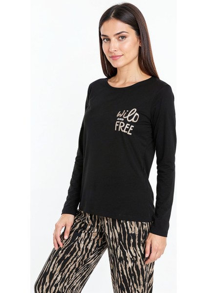 Üstü Yazılı Altı Kahverengi Zebra Desenli Elite Viscose Uzun Pijama Takımı Siyah 3553 modelleri